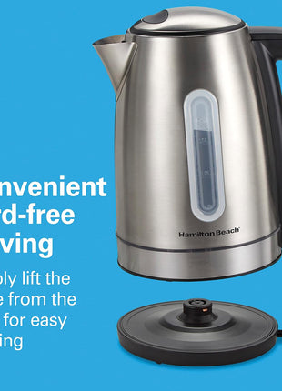 Hamilton Beach 1.7 Liter Electric Tea Kettle, Water Boiler & Heater | Fast Boiling 1500 Watts | BPA Free | Cordless Serving | Auto-Shutoff & Boil-Dry Protection | LED Light Ring | Stainless Steel