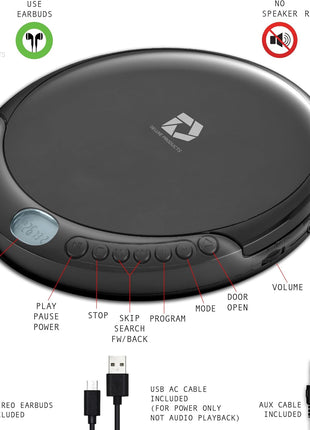 Deluxe Products CD Player Portable with 60 Second Anti Skip, Stereo Earbuds, Includes Aux in Cable and AC USB Power Cable for use at Home or in Car