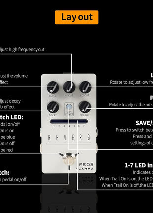 FLAMMA FS02 Reverb Pedal Stereo Guitar Effects with 7 Storable Preset Slots 7 Reverb Effects Room Hall Church Cave Plate Spring Mod True Bypass Trail On