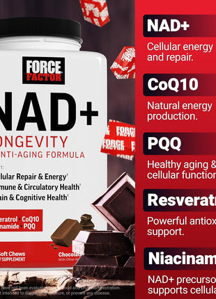 Force Factor NAD+ Longevity & Anti-Aging Formula | Support Cellular Energy & Repair with Antioxidant Support, Promote Brain & Cognitive Health, Chocolate, 60 Soft Chews