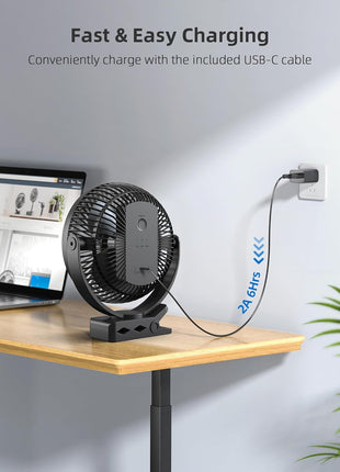Koonie 8" Clip on Fan, 10000mAh Rechargeable Battery, Strong Airflow | 4 Speeds, Sturdy Clamp, Ideal Portable USB Desk Fan for Office, Golf Cart, Camping, Travel, Tent, Outdoor, Treadmill & Gym