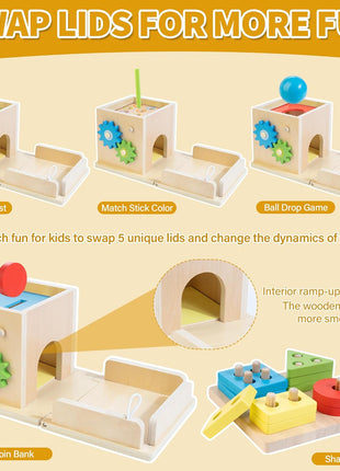 Kizfarm Wooden Montessori Baby Toys, 8-in-1 Wooden Play Kit Includes Object Permanent Box, Coin Box, Carrot Harvest, Shape Sorting & Stacking - Birthday Gift for Boys Girls Toddlers