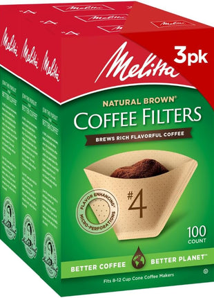 Melitta #4 Unbleached Coffee Filters, Premium, Natural Brown, Flavor Enhancing Coffee Filters for 8-12 Cup Coffee Makers, Kosher Certified, Compostable, 100 Count (Pack of 3)