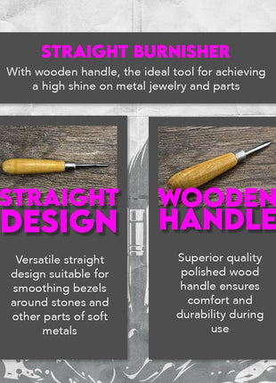 SE 6.5-Inch Stainless Steel Straight Burnisher - Polished Wooden Handle for Metal Jewelry - JT602BS