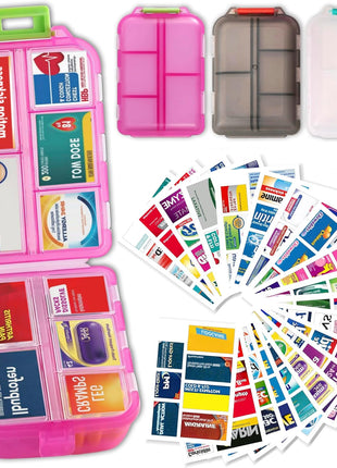 Pill Organizer with Medicine Labels Travel Daily Pill Container Mini Medication Organizer Storage Pill Organizer Travel Essentials Pill Case 7 Day (Pink & 161 Lables)