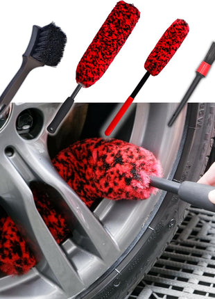 Professional 4 Pack Long Handle Wheel Brush Kit for Cleaning Wheel and Tire- 2X Soft Wheel Cleaning Brush, Detailing Brush and Stiff Tire Brush, Bendable& Durable Wheel Rim Cleaner Brush Set