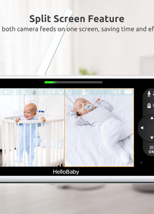 HelloBaby Video Baby Monitor with Upgraded 6inch IPS Large Screen, Split Screen with 2 Cameras, Night Vision and Temprature Monitoring, Remote Pan-Tilt-Zoom Camera, No-WiFi