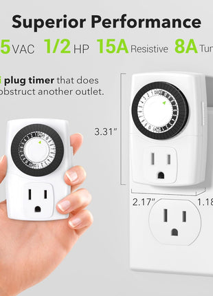 BN-LINK U47 Indoor Mini 24-Hour Mechanical Outlet Timer, 3-Prong, 2-Pack | 30-min intervals; daily repeat; easy dial setup; Indoor Timer for Christmas lights,Lamp,Fan,Fish Tank, ETL, 15A/1875W, 2 Pack
