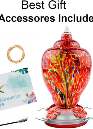 WOSIBO Hummingbird Feeder for Outdoors Patio Large 32 Ounces Colorful Hand Blown Glass Hummingbird Feeder with Ant Moat Hanging Hook, Rope, Brush and Service Card (RED-Firework)