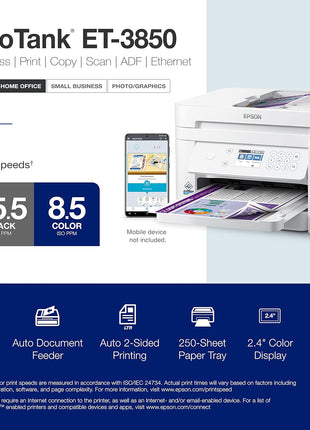 Epson EcoTank ET-3850 Wireless Color All-in-One Cartridge-Free Supertank Printer with Scanner, Copier, ADF and Ethernet – White (Renewed)