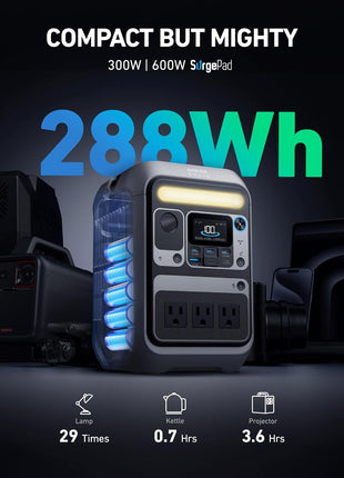 Anker Portable Power Station SOLIX C300, 288Wh LiFePO4 Backup Battery, 300W Solar Generator, 140W Two-Way Fast Charging, for Camping, Hunting, Travel, Blackout & Emergencies (Solar Panel Optional)