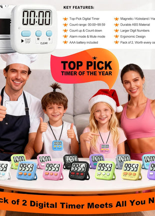 2 Pack Digital Timer for Kids Classroom Kitchen Timers for Cooking | w/ Battery, Easy to View, Alarm, Mute Mode, Count Down/Up, Magnetic, Kickstand, Hanging, Classroom Timer for Teacher Supplies