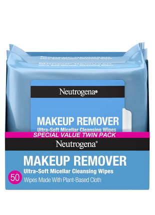 Neutrogena Makeup Remover Micellar Wipes for Face Daily Gently Removes Oil Dirt and Waterproof Makeup in a Simple Fully Plant-Based Cloth, 2 pack of 25 ct
