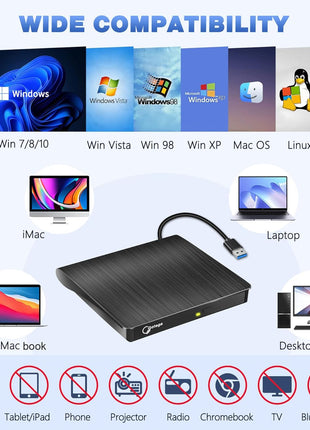 External CD/DVD Drive for Laptop, Portable CD DVD Player, USB 3.0 A, Black | CD ROM burner compatible with Laptop Desktop PC Windows Linux OS Apple Mac record music videos install software backup