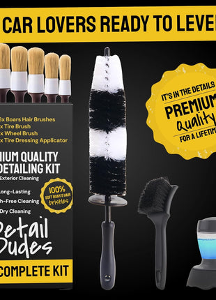 Car Detailing Brush Set 3-pc - Scratch-Free Boars Hair for Interior and Exterior Work - Pro Quality Car Cleaning Brush Kit for Leather Seats, Dashboards, Wheels, Grills and Paint
