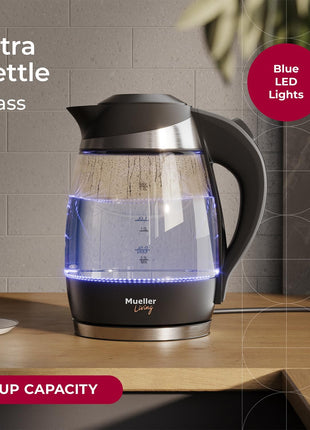 Mueller Living 1.8L Electric Kettle, Tea Kettle for Boiling Water | 1.8L | 1500W | LED | SpeedBoil | Automatic Shutoff | Cordless | Borosilicate Glass | BPA Free