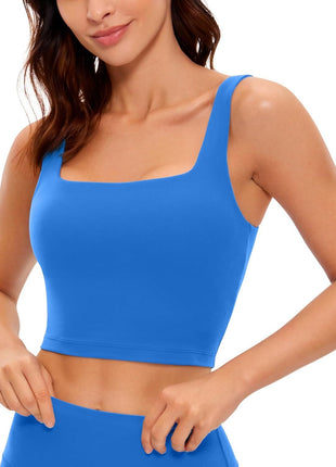 CRZ YOGA Butterluxe Womens Square Neck Longline Sports Bra - Workout Crop Tank Tops Padded Yoga Camisole with Built in Pads Black Medium