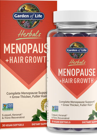 Garden of Life Herbals Menopause Supplement with S-equol & Trans-Resveratrol for Multi-Symptom Relief, Keranat for Thicker, Fuller Hair Growth – Non-GMO, Gluten-Free, Vegan, Berry Flavor, 30 Servings