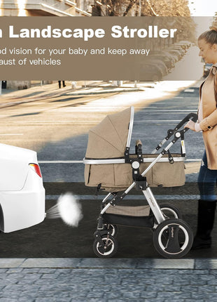 BABY JOY Baby Stroller, 2-in-1 Convertible Bassinet Reclining Stroller, Foldable Pram Carriage with 5-Point Harness, Including Cup Holder, Foot Cover, Diaper Bag, Aluminum Structure, Khaki