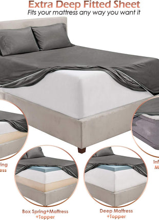 Hearth & Harbor Extra Deep Pocket King Size Sets - Fits Mattress 18-24 Inches Deep - Extra Deep Pocket Sheets - 6 Piece King Size - Grey