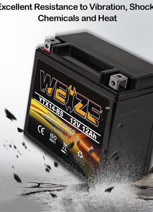 Weize YTX14 BS ATV Battery High Performance - Maintenance Free - Sealed AGM YTX14-BS Motorcycle Battery compatible with Honda Suzuki Kawasaki Yamaha scooter snowmobile