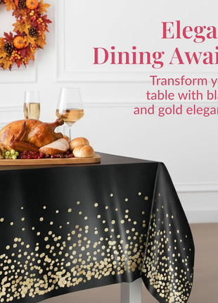 Prestee Gold and Black Table Cloth for Events   Pack of 4, 54 x 108 Inches   Disposable Table Cover, Ideal Black Tablecloths for Party Decorations, Dining, and Holiday Celebrations