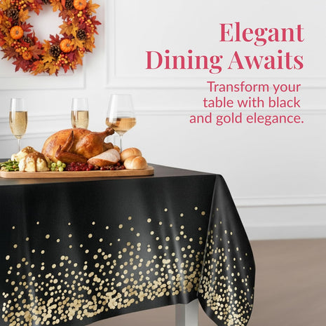 Prestee Gold and Black Table Cloth for Events   Pack of 4, 54 x 108 Inches   Disposable Table Cover, Ideal Black Tablecloths for Party Decorations, Dining, and Holiday Celebrations