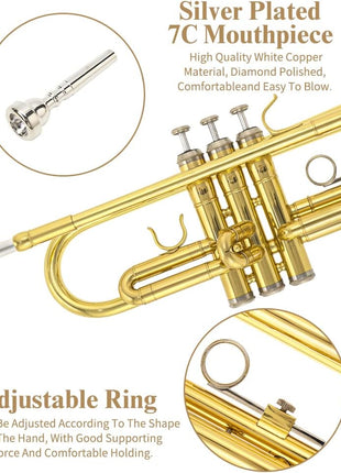 Trumpet Instrument,Band & Orchestra Musical Instruments for Beginners,With trumpets case,Mouthpiece,Cloth and Gloves (Golden)