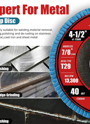 EZARC Flap Discs 40 Grit, 4 1/2 x 7/8-Inch Flap Sanding Disc, Type 29 Zirconia Grinding Wheel for Stainless Steel, Sheet Metal (10 Pack)
