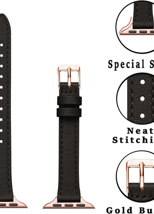 STIROLL Slim Leather Bands Compatible with Apple Watch Band 38mm 40mm 41mm 42mm(Series 11 10), Top Grain Leather Watch Thin Wristband for iWatch SE 9 8 7 6 5 4 3 2 1 (Black Rose Gold)