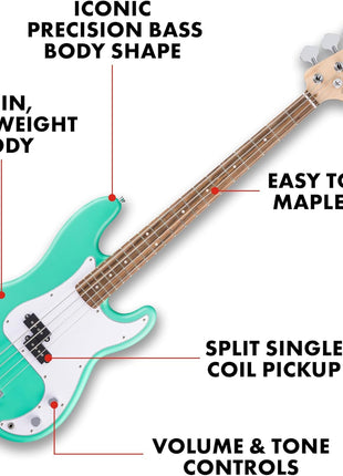 Fender Squier Debut Series Beginner Precision Bass Guitar, Sea Foam Green | Starter electric bass guitar, free lessons included, 2-year warranty, satin urethane finish, ideal for beginners