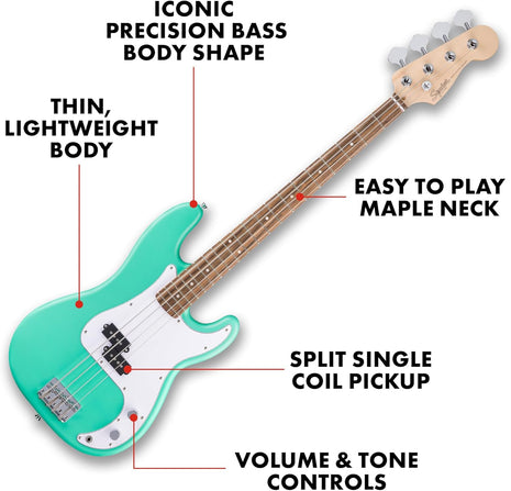 Fender Squier Debut Series Beginner Precision Bass Guitar, Sea Foam Green | Starter electric bass guitar, free lessons included, 2-year warranty, satin urethane finish, ideal for beginners