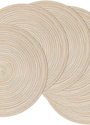 SHACOS 15 inch Round Braided Placemats Set of 6 Non Slip Heat Resistant Cotton Polyester Table Mats Washable Place Mats for Kitchen Dining Party Table Decor (Beige, 6)