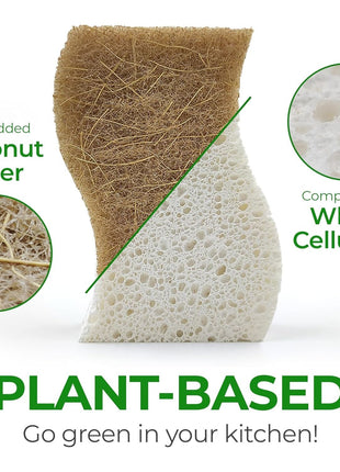 AIRNEX Natural Kitchen Sponges (12 Pack) - Biodegradable Cellulose & Coconut Scrubber Dish Sponges for Kitchen - Eco-Friendly, Non Scratch, Compostable, Non Toxic S-Shaped Natural Sponges for Dishes