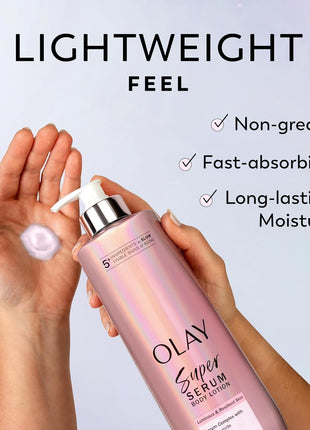 Olay Super Serum Hand & Body Lotion for Dry Skin, 24hr Long Lasting Hydration, 5+ Ingredient Complex for Bright Even Firm Luminous Skin, Sweet Vanilla & Soft Wood Scent, 18.5 fl oz