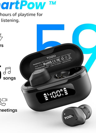 TOZO NC9 Hybrid Active Noise Cancelling Wireless Earbuds, 6 Mics ENC Clear Call, IPX8 Waterproof, in Ear Bluetooth 5.3 Headphones Stereo Bass Ear Buds 59H Playtime with LED Display 32 EQs via APP