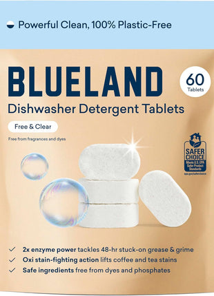 BLUELAND 100% Plastic-Free Dishwasher Detergent Tablets, 60ct, Free & Clear | Eco-Friendly Dishwashing Pods, Cuts Grease & Stuck on Food, Rinses Clean for Streak-Free Shine, Fully Dissolves, Septic Safe