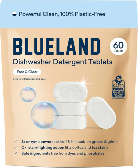 BLUELAND 100% Plastic-Free Dishwasher Detergent Tablets, 60ct, Free & Clear | Eco-Friendly Dishwashing Pods, Cuts Grease & Stuck on Food, Rinses Clean for Streak-Free Shine, Fully Dissolves, Septic Safe