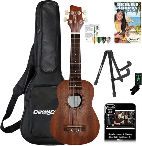 Sawtooth Soprano Ukulele Mahogany 21 inch Ukulele Beginner Kit Online Lesson Padded Gig Bag Premium Wood Uke Stand Picks Quick Start Guide Ukulele Pack