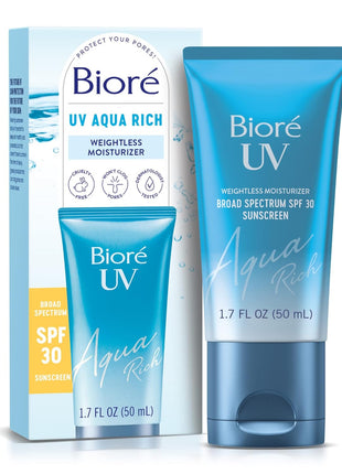 Biore UV Aqua Rich SPF 30 PA+++ Daily Moisturizer Sunscreen for Face, For Sensitive Skin, Oil Free, Hyaluronic Acid, Vegan, Oxybenzone & Octinoxate Free, Dermatologist Tested, 1.7 Oz