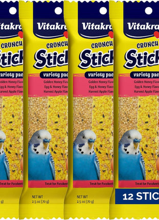 Vitakraft Crunch Sticks Parakeet Treat - Triple-Baked Millet Parakeet Treats with Natural Wood Center - Crunchy & Nutritious Bird Treat Sticks for Small Animals (12 Count, Honey, Egg, and Apple)