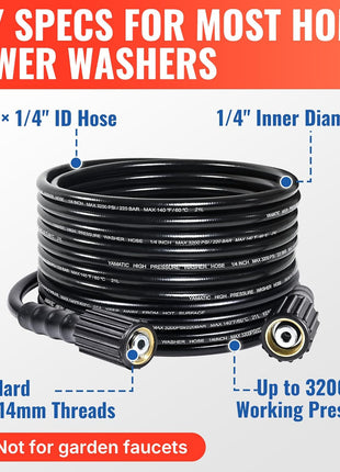 YAMATIC Pressure Washer Hose 50FT x 1/4 inch, 3200 PSI Kink Resistant OEM-Quality Upgrade Power Washer Replacement/Extension with M22-14mm Brass Fittings for Ryobi, Troy Bilt, Greenworks, CRAFTSMAN