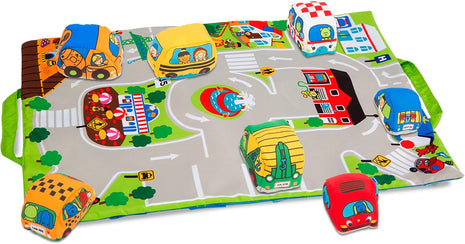 Melissa & Doug Take-Along Town Play Mat (19.25 x 14.25 inches) with 9 Soft Vehicles