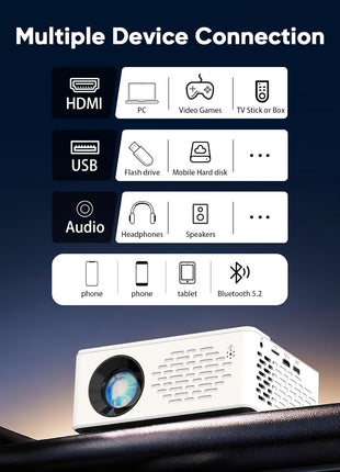 TMY 1080P Mini Portable Projector, 2-way Bluetooth, with 80in Screen | 1080P home theater, indoor/outdoor movies, Compatible with TV Stick/Roku/Phone/PC/PS/DVD/HDMI/USB
