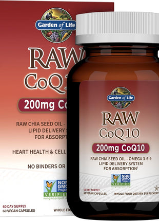 Garden of Life Raw CoQ10 200mg, with Omega 3 6 9 for Heart Health, 60ct | Vegetarian Omega 3 6 9 Supplement Raw Co Q 10 Chia Seed Oil, Whole Food Nutrition with Antioxidant Support, Coenzyme q10