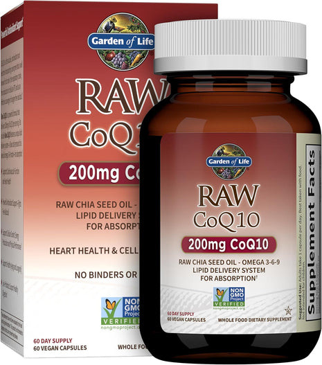 Garden of Life Raw CoQ10 200mg, with Omega 3 6 9 for Heart Health, 60ct | Vegetarian Omega 3 6 9 Supplement Raw Co Q 10 Chia Seed Oil, Whole Food Nutrition with Antioxidant Support, Coenzyme q10