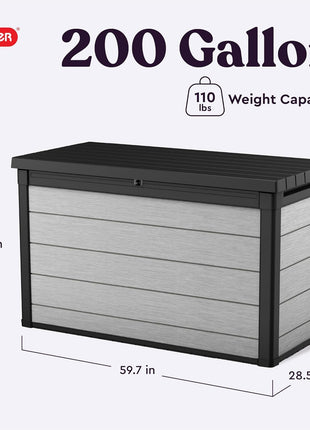 Keter Denali 200 Gallon Resin Large Deck Box with Double Wall 20mm Panels - Paintable and Drillable-Organization and Storage for Patio Furniture and Outdoor Items, Grey & Black