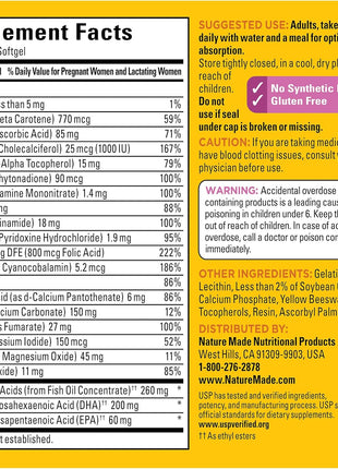 Nature Made Prenatal Vitamins for Women with Folic Acid + DHA, 110 Softgels | Prenatal Vitamin and Mineral Supplement for Daily Nutritional Support, With Folic Acid and 19 Other Nutrients, 110 Day Supply