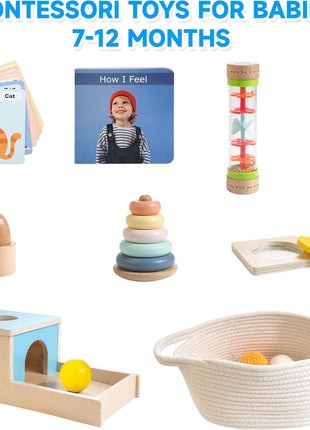 WOODMAM Montessori Toys for Babies 7-12 Months, 9 in 1 Educational Play Kit | Baby Toys 7-12 Months, Object Permanent Box, Stacking Cups, Mirror Puzzle, Ring Stacker, Baby Learning Toys, Baby Gifts