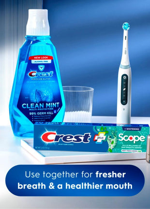 Crest + Scope Whitening Toothpaste - Pack of 3, 5.4 Oz Tubes - Anticavity Fluoride Toothpaste, Fresh Breath, Kills Germs - Tartar Protection, Enamel Protection - Minty Fresh Flavor